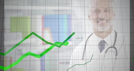 Analyzing doctor wearing white coat, stethoscope at clinic, with green graph overlay, copy space