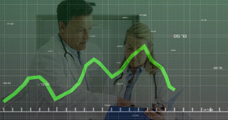 Two doctors reviewing medical data overlay in clinical office, with tablet stethoscopes green graph