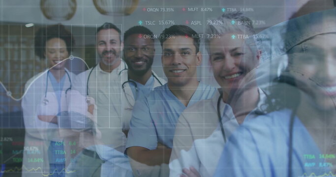 Standing medical staff wearing white coats and scrubs in hospital, with digital analytics overlay - Powered by Adobe