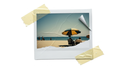 A polaroid photo of a beach scene with people under an umbrella, taped to a white surface, with a torn corner.