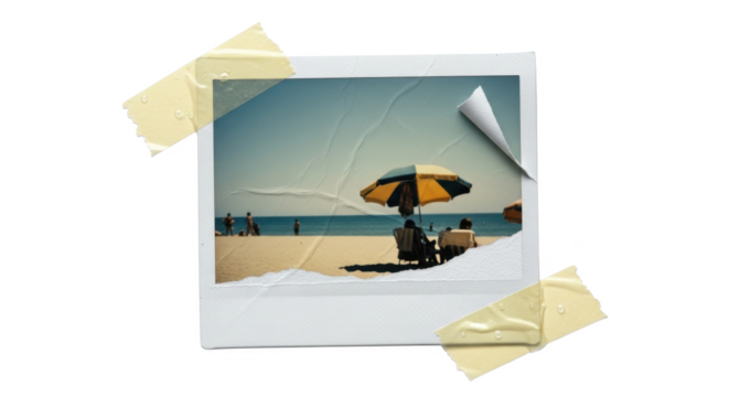 A polaroid photo of a beach scene with people under an umbrella, taped to a white surface, with a torn corner.
