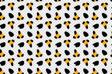 Seamless abstract animal print pattern with bold black and yellow spots on a transparent background for fashion and design.