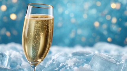Sparkling champagne glass nestled on gleaming ice cubes, complemented by vibrant blue bokeh backdrop suggesting festive luxury