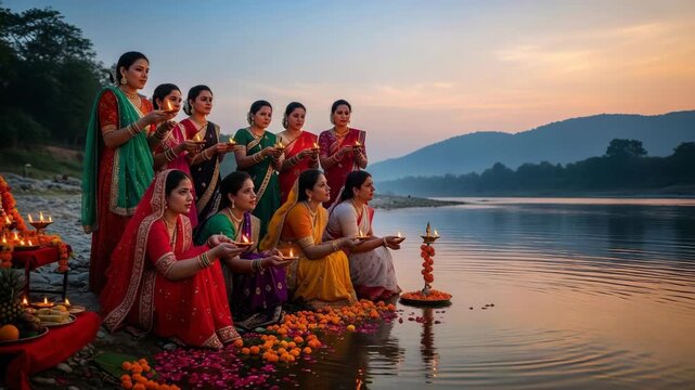 Hartalika Teej Celebration Women in Traditional Attire Performing Aarti Ritual by the River at Sunset