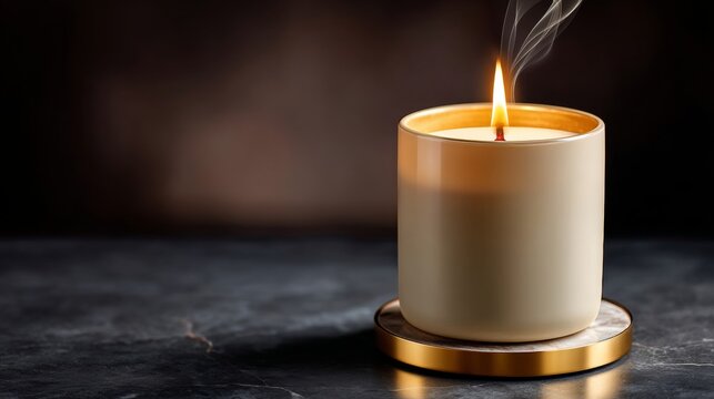 Aromatic candle burning on marble surface, emitting gentle smoke wisps, enhancing peaceful home ambiance with soft, meditative lighting and calming presence