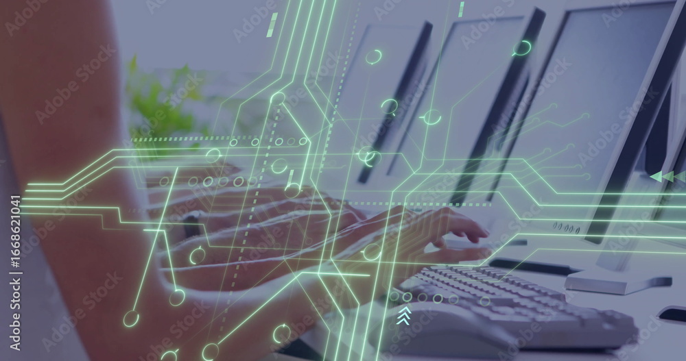 Poster typing office professional using keyboard at desk with three monitors, circuit overlay
