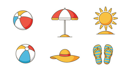 A collection of colorful beach icons including beach balls and summer accessories silhouette