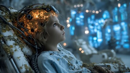 Young Child with Bio - Tech Headgear in Futuristic Cityscape, Isolated Background