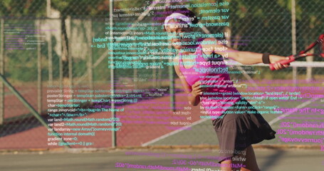 Woman in pink top, skirt playing backhand with racket on court, with code overlay, copy space