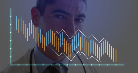 Presenting mature doctor wearing white lab coat and stethoscope in studio with overlaid data charts