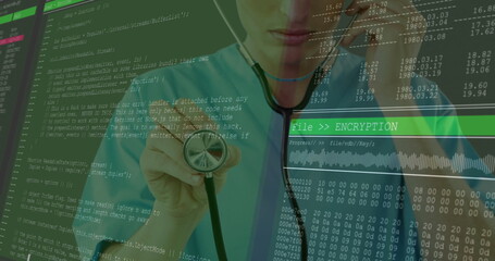 Doctor in scrubs holding stethoscope for viewer in clinic with code encryption console, copy space