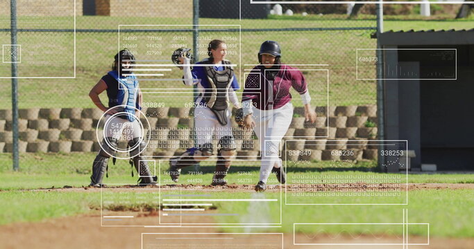 Softball player in jersey and helmet sliding into home plate on infield, with HUD, copy space - Powered by Adobe