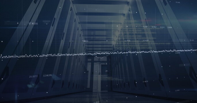 Displaying data center corridor, with server racks and floating numeric data points