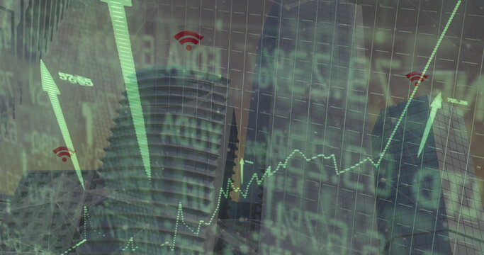 Projecting skyscrapers showing line charts and arrows over urban skyline, with tickers, Wi-Fi icons