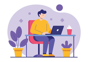 Man working on laptop at desk with plants in home office