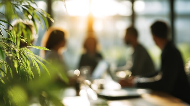 Green foliage framing blurred business professionals collaborating in sunlit modern office, leafy edges softening corporate meeting environment