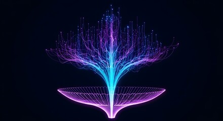Abstract glowing particles forming a fountain or flower shape with blue and purple light on a dark background, representing energy, growth, or data flow