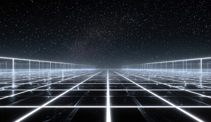 Futuristic grid path through a starry night sky