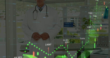 Reviewing senior physician analyzing floating digital graphs in medical office, with stethoscope