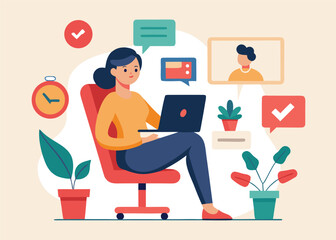 Woman working from home with laptop in a comfortable and productive environment