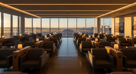 Luxury Airport Lounge with Comfortable Seating and Stunning Sunset View for Travel