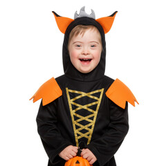 A delightful child in a Halloween costume, filled with joy and holding a pumpkin.
