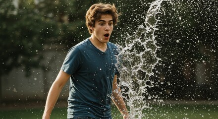 Fototapeta premium Surprised young man hit by water splash in outdoor summer freshness