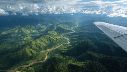 Aerial view of lush valleys and winding river