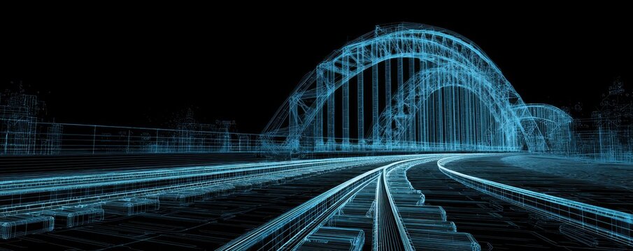 Cyberpunk-style rendering of a bridge over railway tracks, in shades of blue - Powered by Adobe