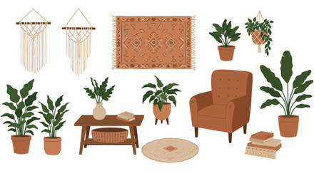 A collection of bohemian home decor items and plants in a cozy setting silhouette
