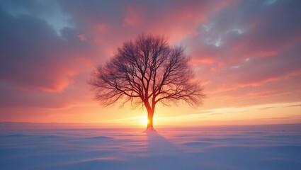 Fototapeta premium A lone, leafless tree stands silhouetted against a vibrant winter sunrise, casting a shadow across the snow-covered landscape.