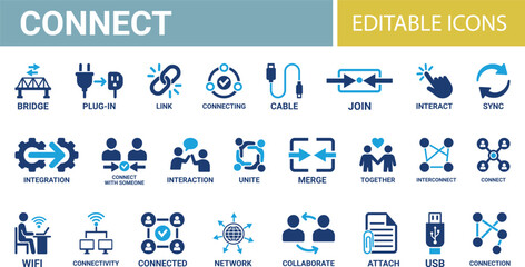 Connect icon set. Containing network, join, collaboration, connectivity, interaction, cable, integration, and connection icons. Solid icon design