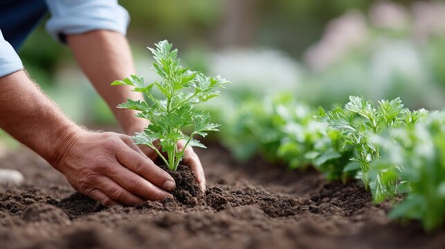 Close-up of Hands Planting a Sapling in Rich Soil - Powered by Adobe