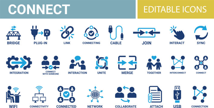 Connect icon set. Containing network, join, collaboration, connectivity, interaction, cable, integration, and connection icons. Solid icon design