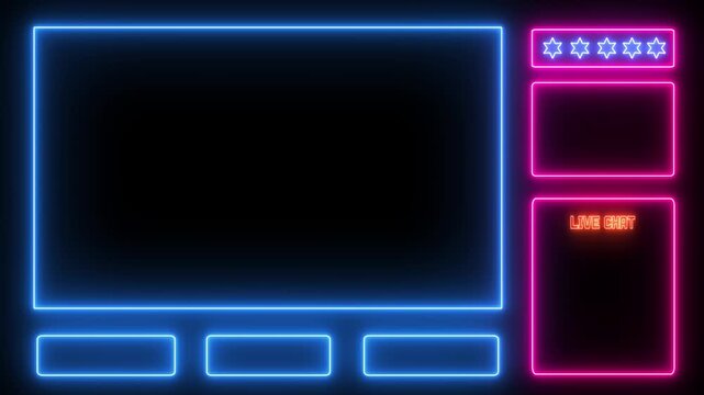 Intermission stream overlay animation with neon sign design, looping facecam frame and chat box hud border elements for live streaming visuals