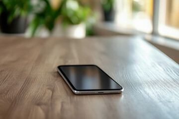 A sleek smartphone rests on a smooth wooden table, surrounded by lush greenery and gentle sunlight filtering through a window