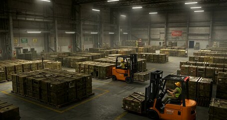 Forklifts maneuvering crates in a busy warehouse setting