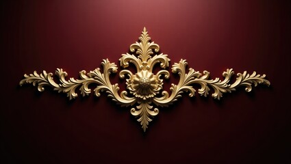 Ornate golden decorative trim set against a deep maroon backdrop, showcasing intricate floral and leaf-like carvings, creating a luxurious and elegant aesthetic.