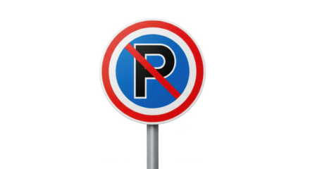 No Parking sign, red circle, blue background, prohibition symbol.