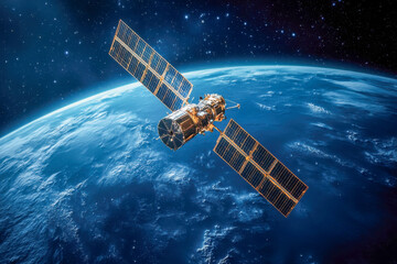 Obraz premium A detailed satellite equipped with solar panels orbits Earth, surrounded by the vastness of outer space, highlighting technological advancements