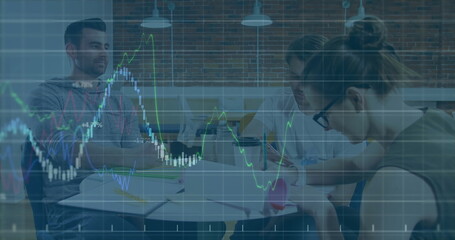 Analyzing financial data, three professionals collaborating in conference room, with laptops