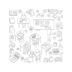 Classroom Scene Illustration Students Learning Teacher Teaching Books Laptops Backpacks School Supplies