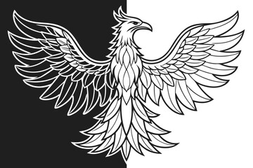 Stylized Phoenix Bird Spreading Wings in Black and White Contrast mythical creature