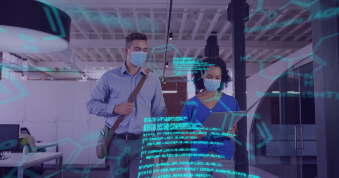 Using tablet, casual and scrub-clad colleagues viewing holographic overlay in office, copy space