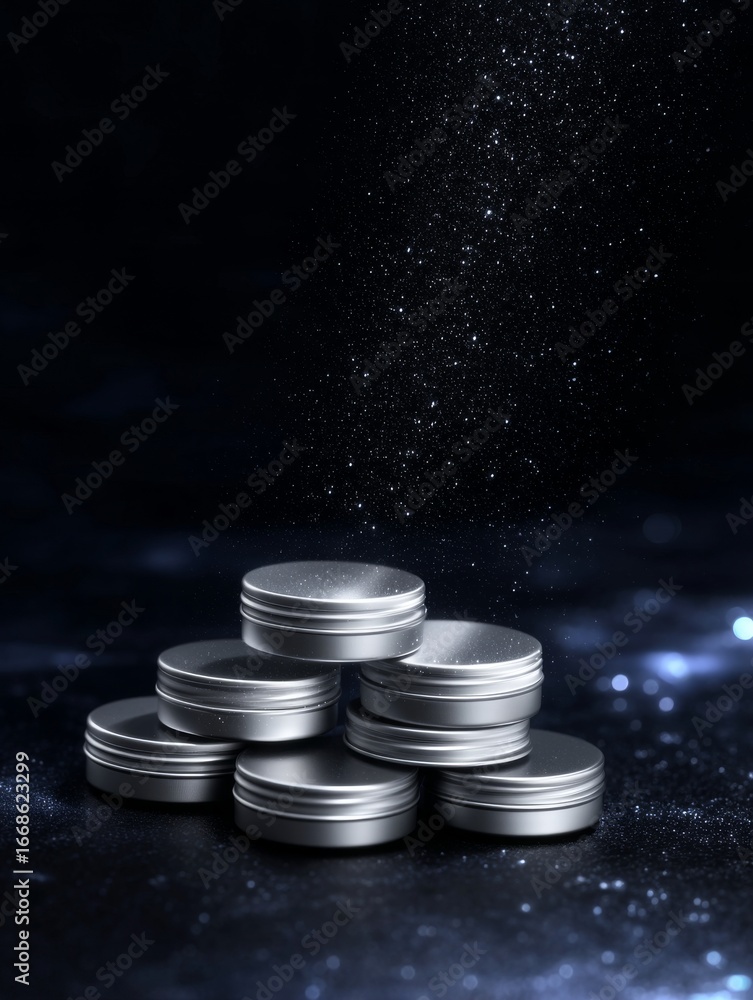 Poster a collection of sleek metallic containers arranged in a stack against a dark background. the shimmer