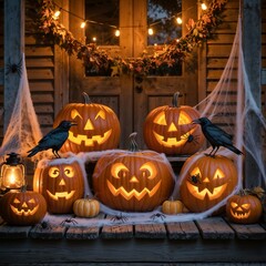 Glowing Halloween pumpkins with carved faces on a wooden porch decorated with cobwebs, crows, spiders, and string lights creating a spooky festive atmosphere