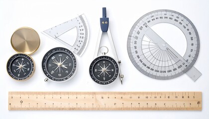 Geometry set with compass protractor and ruler isolated on white background mathematics school tool kit
