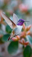 Fototapeta premium Iridescent Hummingbird in Flight Amidst Blossoms