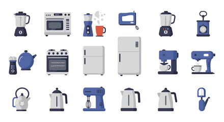 Collection of various kitchen appliances and devices in blue and white colors silhouette