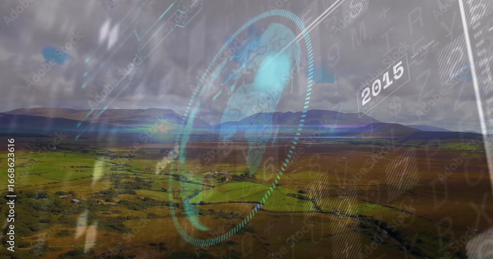 Aufkleber displaying transparent circular interface hovering over rural farmland, with globe map and 2015 tag